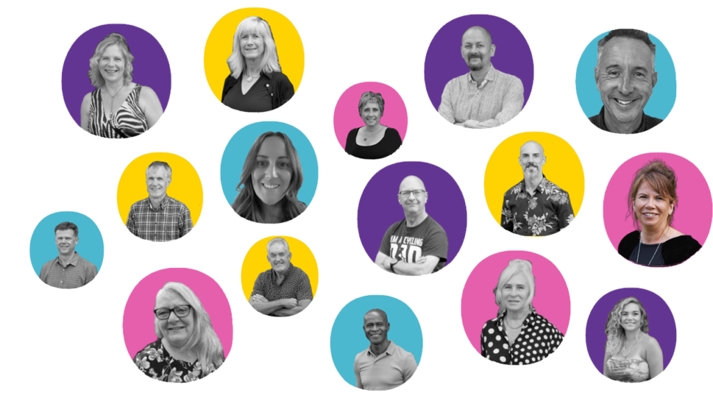 Meet the team, portfolio of our team inside coloured bubbles